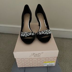 Beautiful black satin shoes worn 1 time . Rhinestone peep toe.